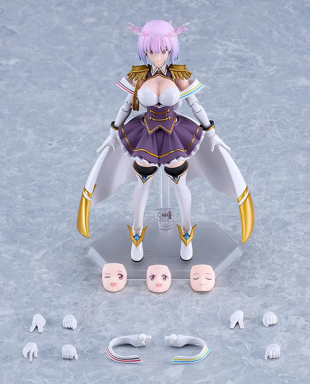 Shinjo Akane (New Order) figma showcasing the interchangeable face parts: smiling, shouting, winking, and eyes-closed.