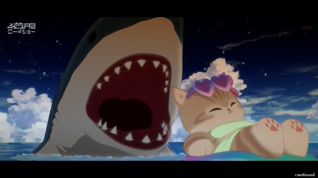 Anime “mofusand”: Scene Cuts from Episode 1 of the Heartwarming, Laid-back Cat Anime Featuring a Brown Tabby Cat in a Shark Suit, Same-nyan